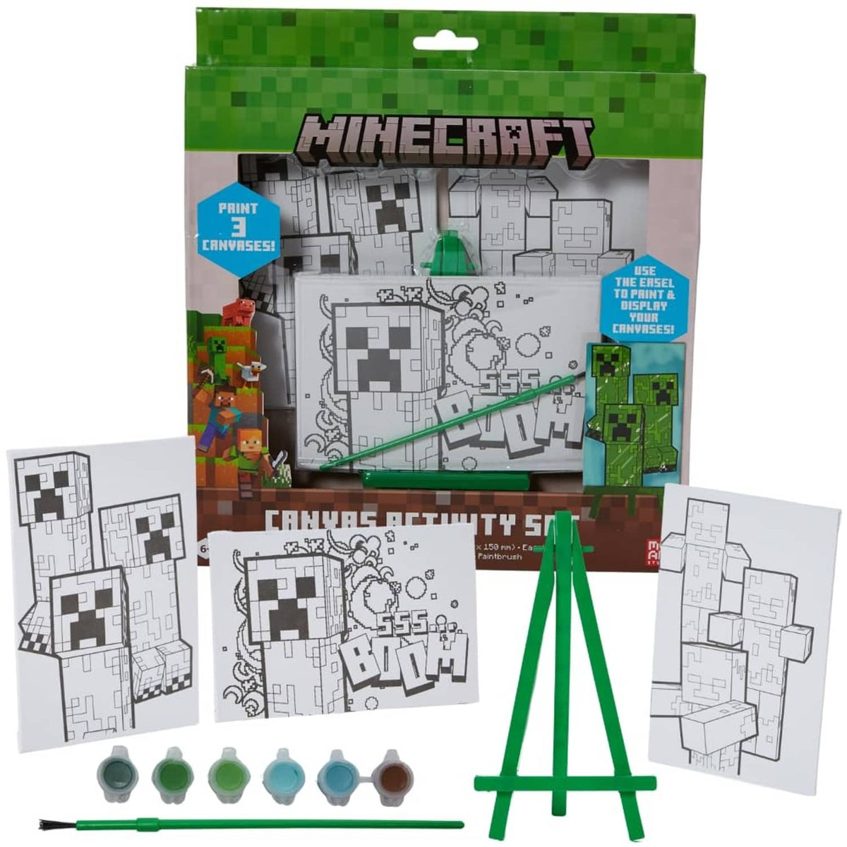 Minecraft canvas painting kit box with 3 canvases, paint colors, brush, and easel