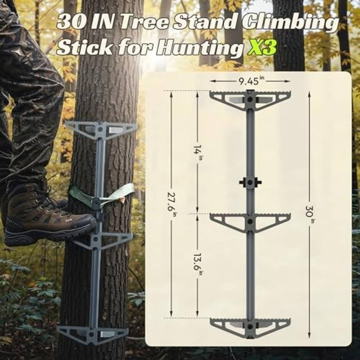 Gray tree-climbing step stick attached to tree trunk with boot on raised step