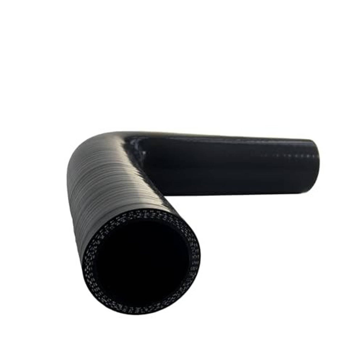 Black 90-degree silicone elbow coupler with visible reinforced hose wall texture