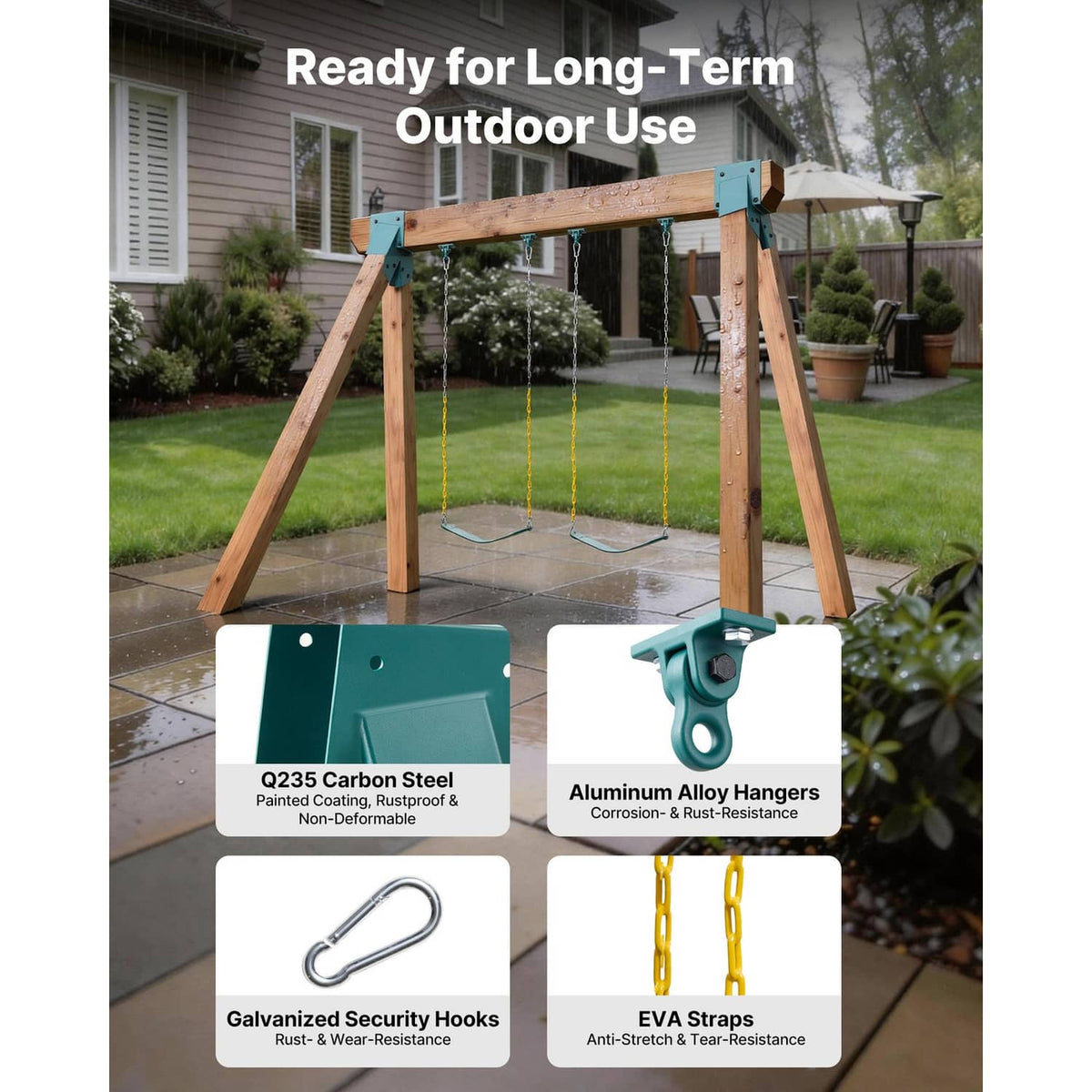 Teal swing set bracket with hooks and straps, mounted on an A-frame