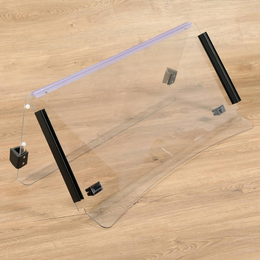 Folding clear windshield assembly with purple strut frame and black end mounting blocks