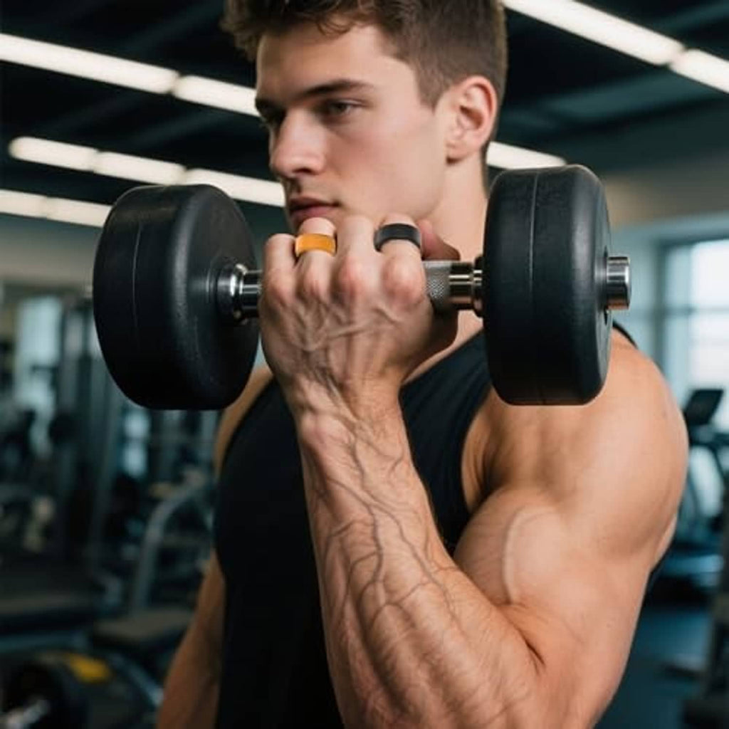 Yellow silicone ring protector on finger, smooth band worn during gym lifting