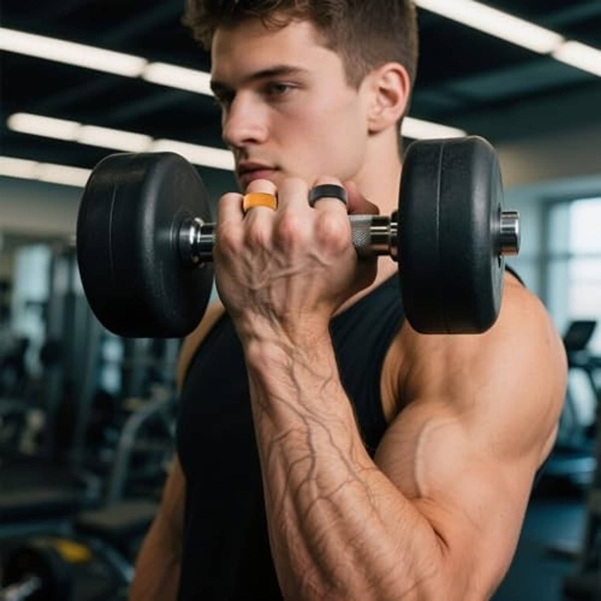 Yellow silicone ring protector on finger, smooth band worn during gym lifting