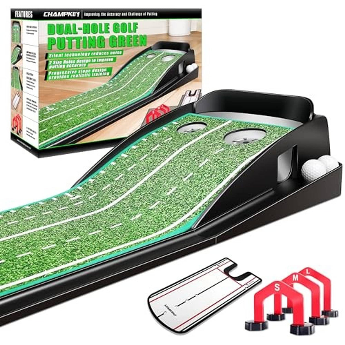 Indoor golf putting green with dual-hole cups, three red putting gates, and white golf balls.