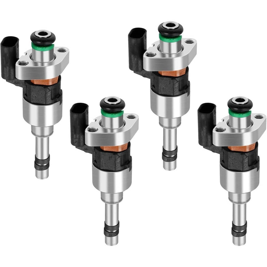 Set of four fuel injectors with silver bodies, black connectors, and green O-rings