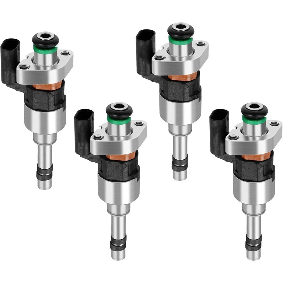 Set of four fuel injectors with silver bodies, black connectors, and green O-rings
