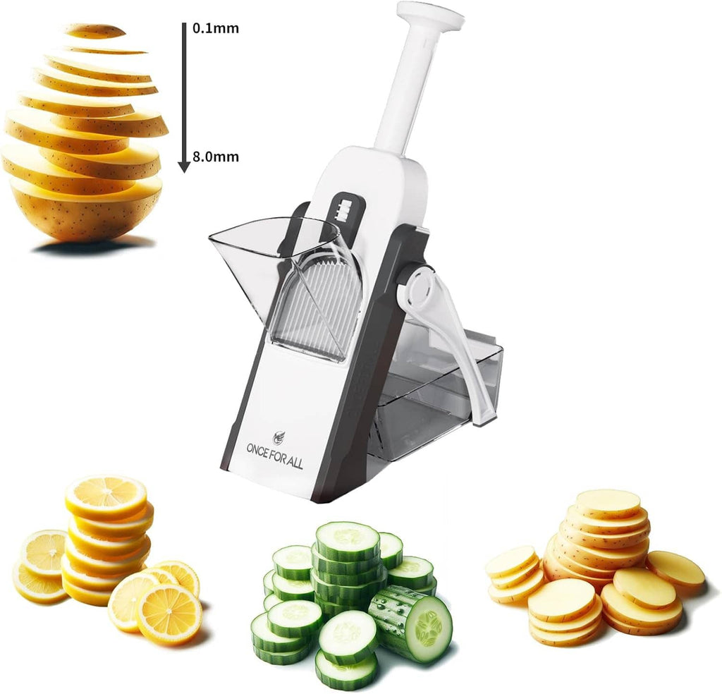 Adjustable mandoline slicer with blade guard and thickness measurement diagram