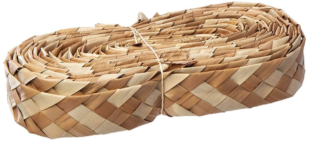 Natural woven palm-leaf bird shredder toy, curled bundle with string ties