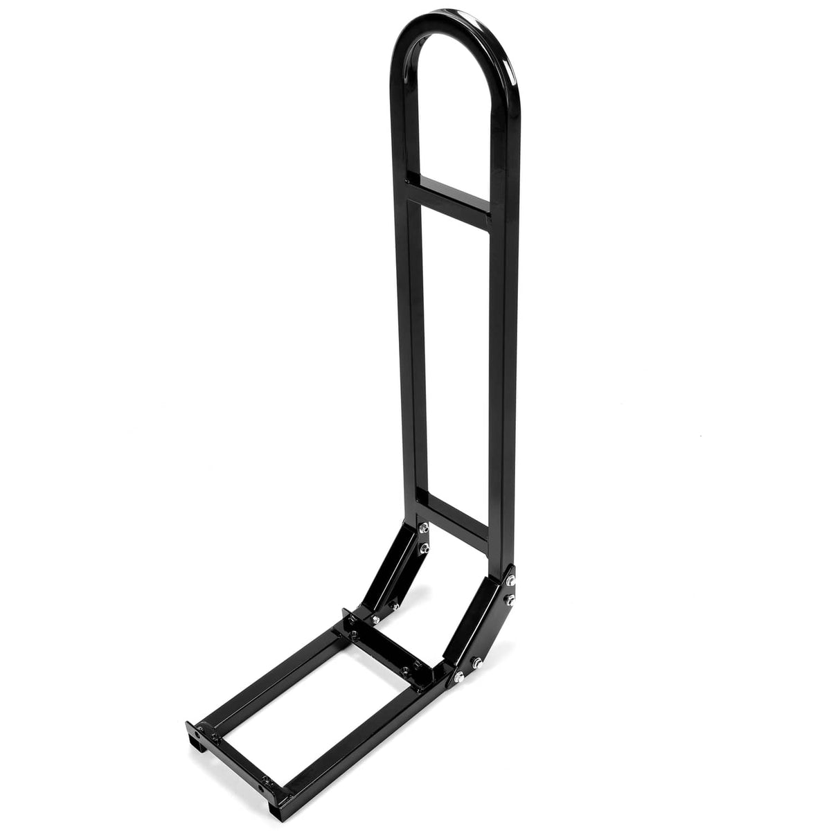 Tall black safety grab bar with rectangular footrest platform for rear cart access