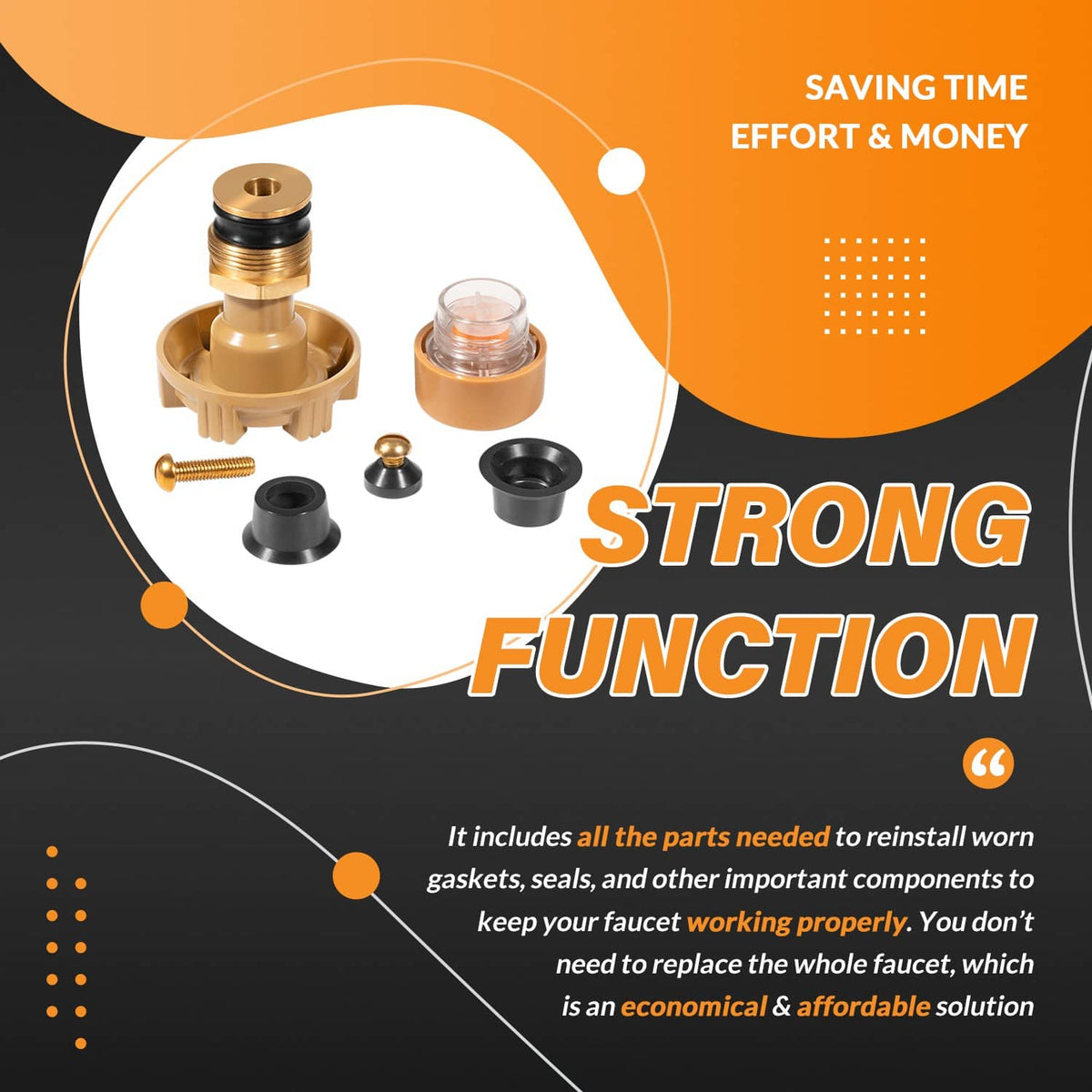 Wall hydrant repair kit components with brass valve stem, gaskets, and clear packing piece