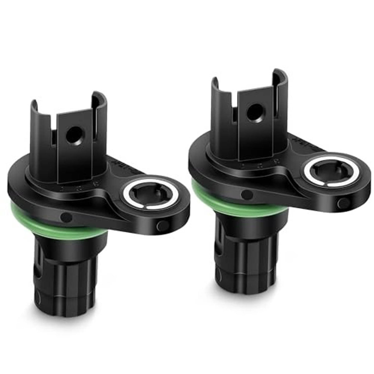Set of 2 camshaft position sensors, black body with green sealing ring, side view
