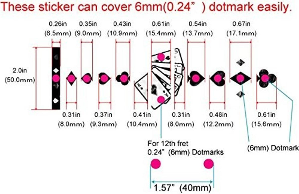 Sticker sizing chart showing 6mm dotmark coverage and spade, heart, diamond icons