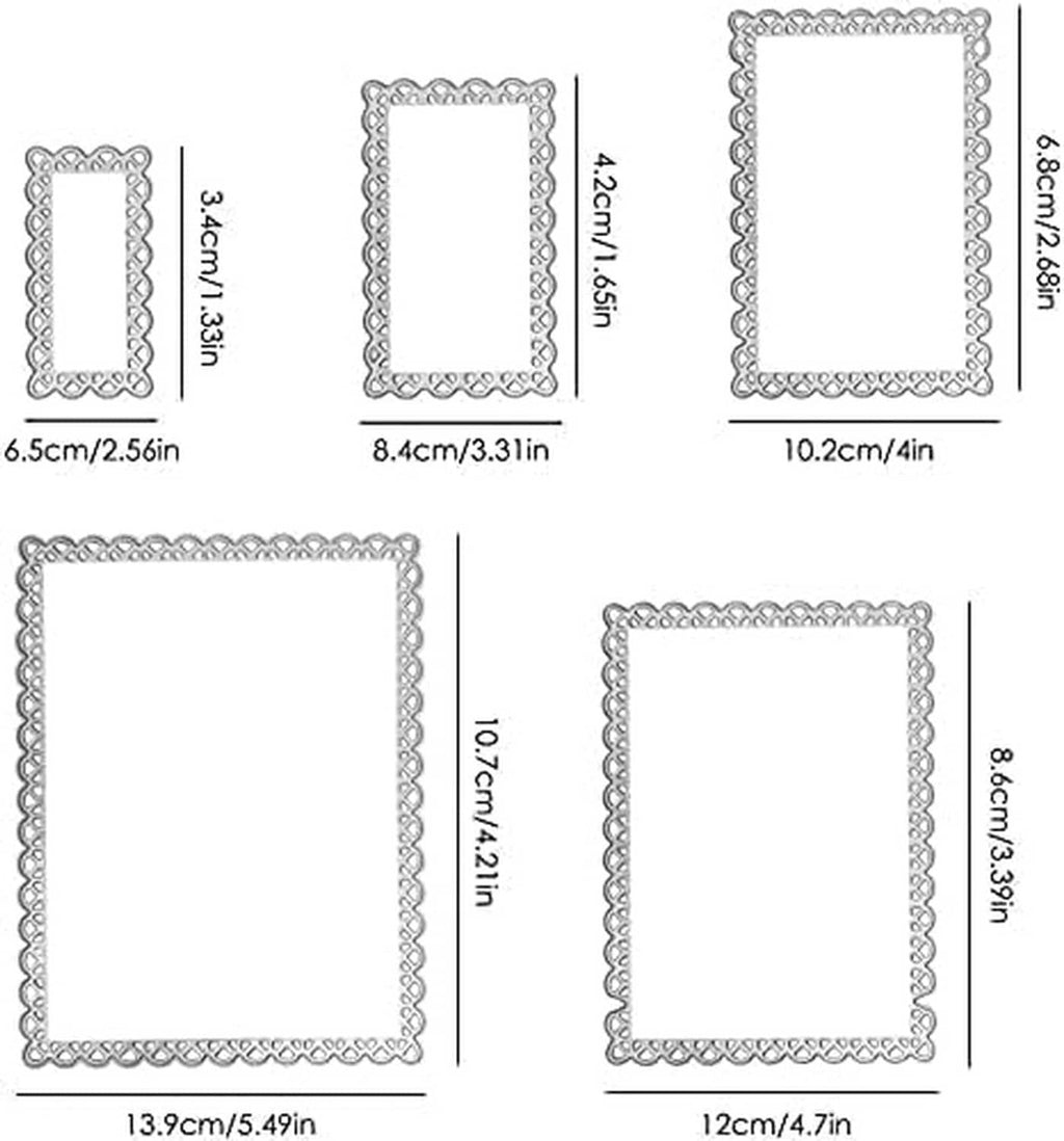 Rectangle scallop frame die size chart with multiple measurements in cm and in