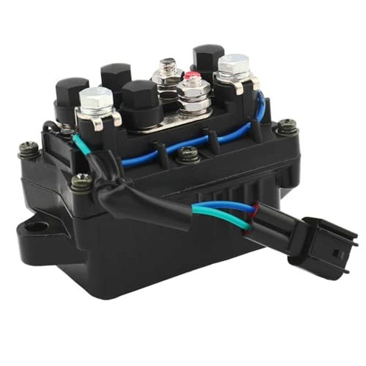 Black relay module angled view with terminal block, blue wires, and front plug