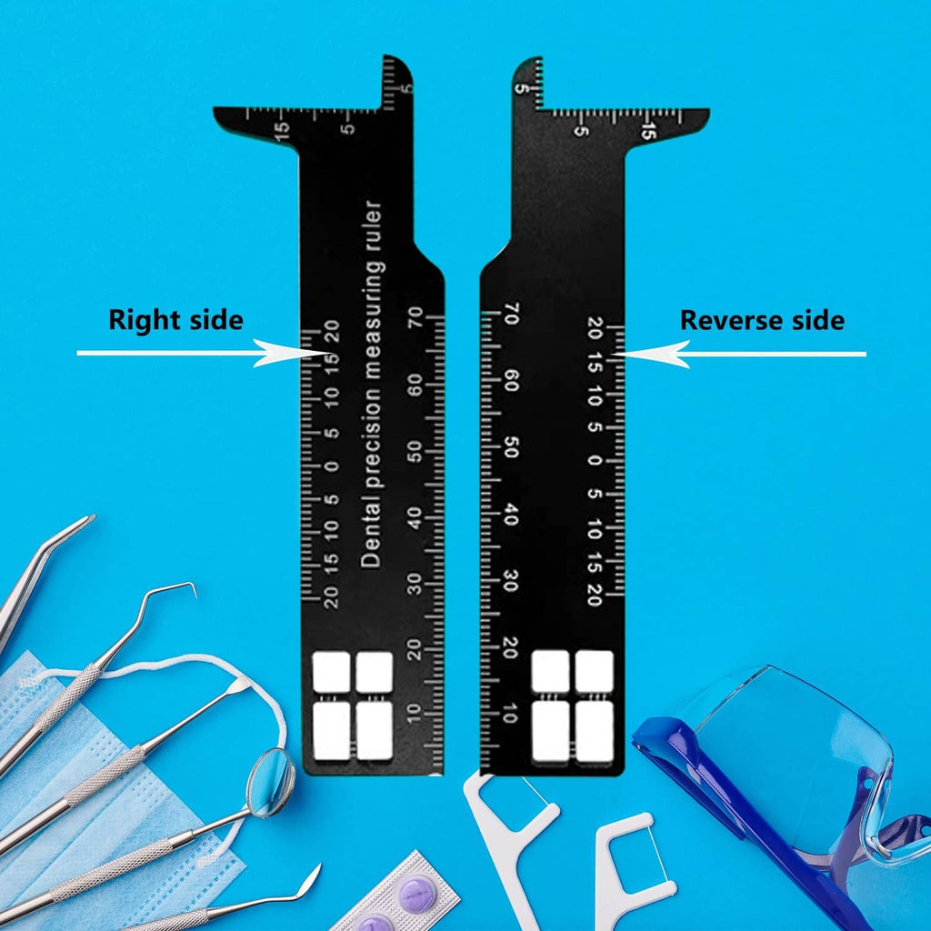 Pair of black dental measuring rulers showing front and reverse etched scale