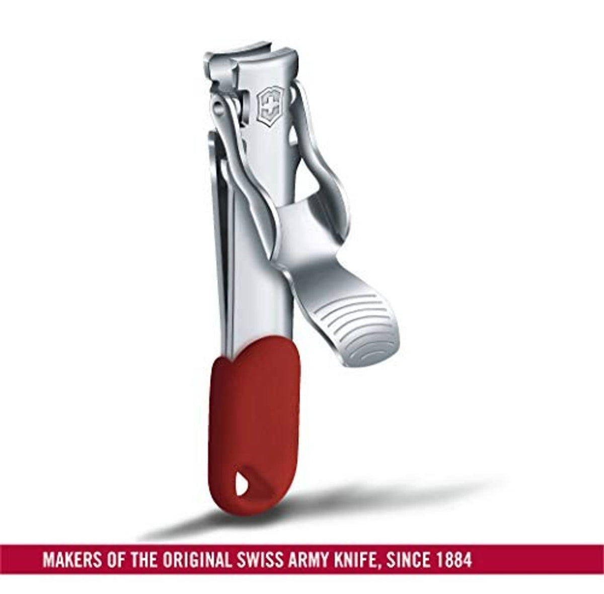 Red-handled stainless nail clipper with curved handle and lever