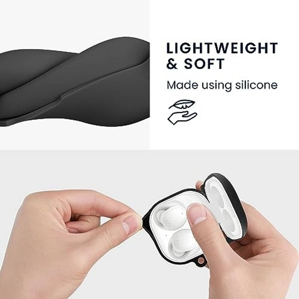 Black silicone earbuds charging case cover with hinged lid and earbuds inside