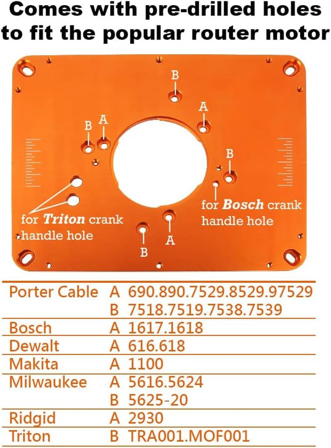 Orange router table insert plate with pre-drilled mounting holes around a central cutout