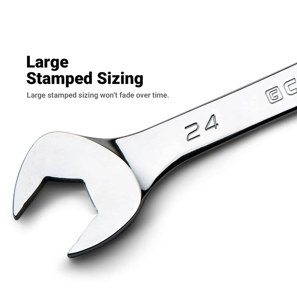 Angle open-end wrench with large stamped size marking near the open jaw