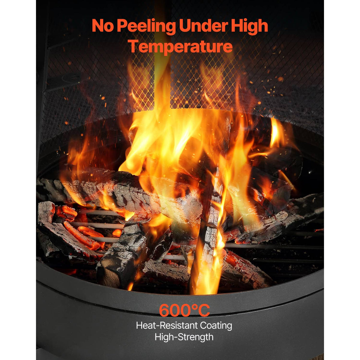Outdoor chiminea firepit with mesh firebox and visible flames over burning logs