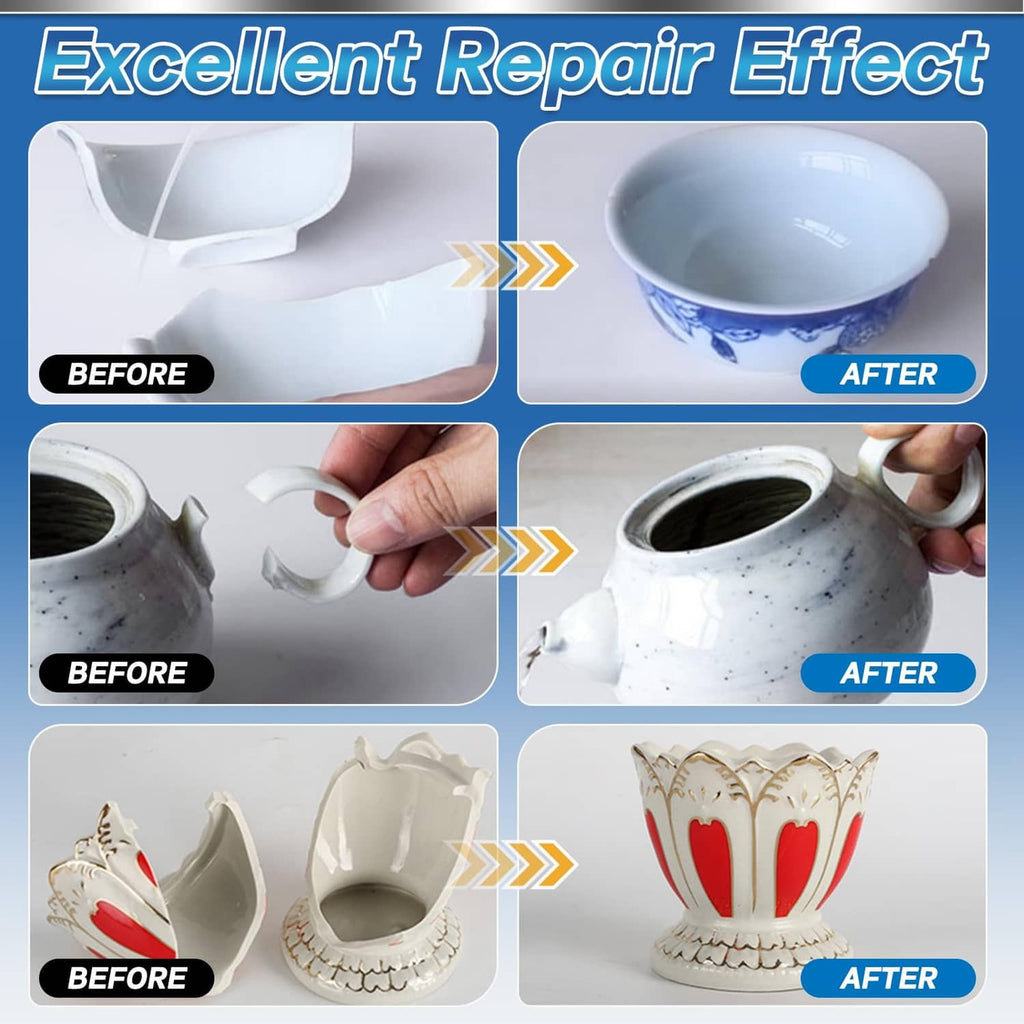 Ceramic glue repair collage showing before-and-after bonding on ceramic bowls and pottery