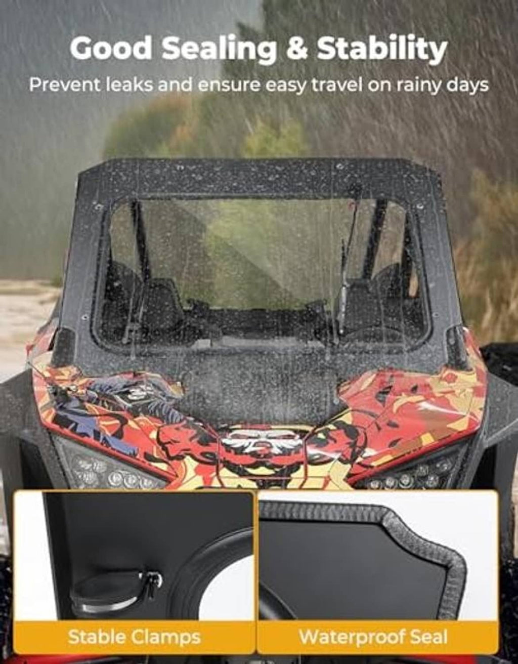 Black glass windshield with wiper for rain protection and sealed stability