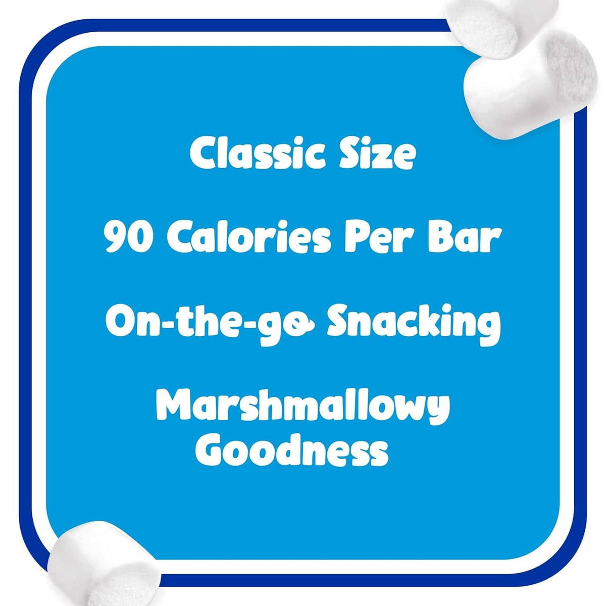 Classic-size cereal bar pack label: 90 calories per bar, on-the-go marshmallow goodness
