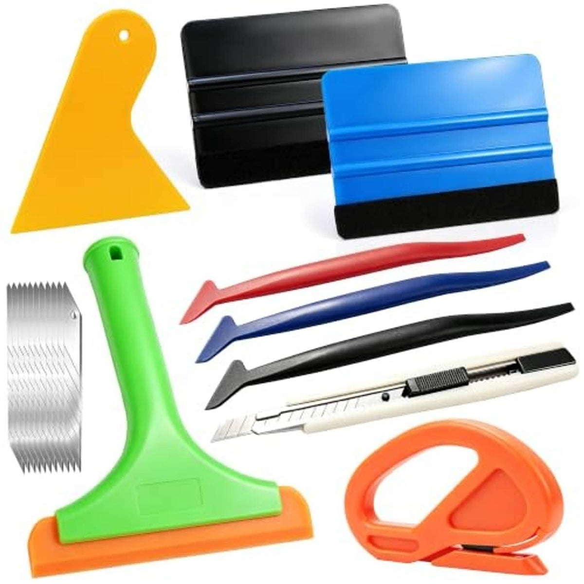 Vinyl wrap application tool kit with squeegees, scrapers, and a blade cutter