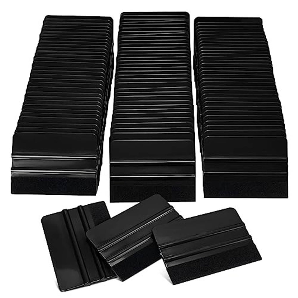 Black felt squeegee scraper tools with ribbed plastic edges, stacked set.