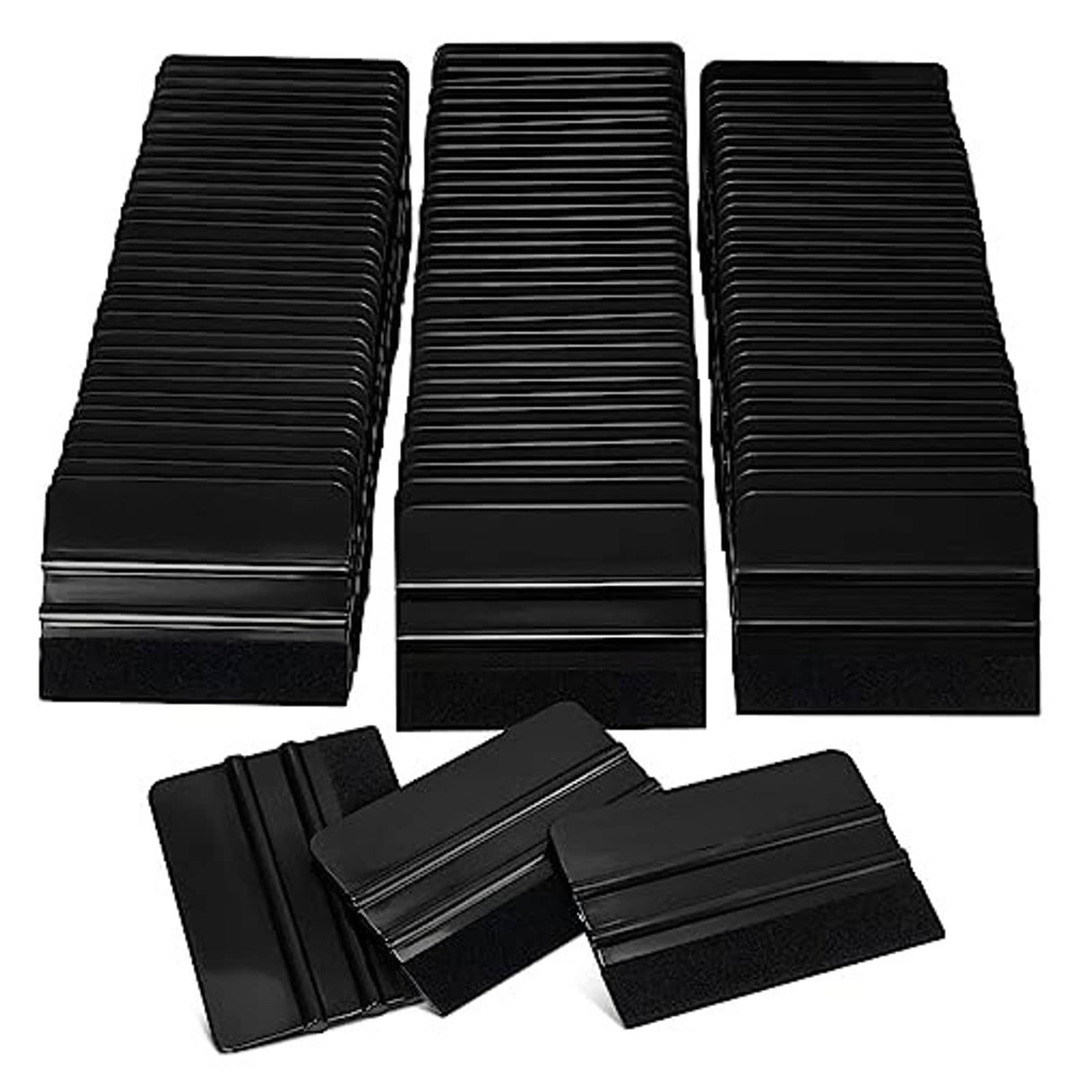 Black felt squeegee scraper tools with ribbed plastic edges, stacked set.