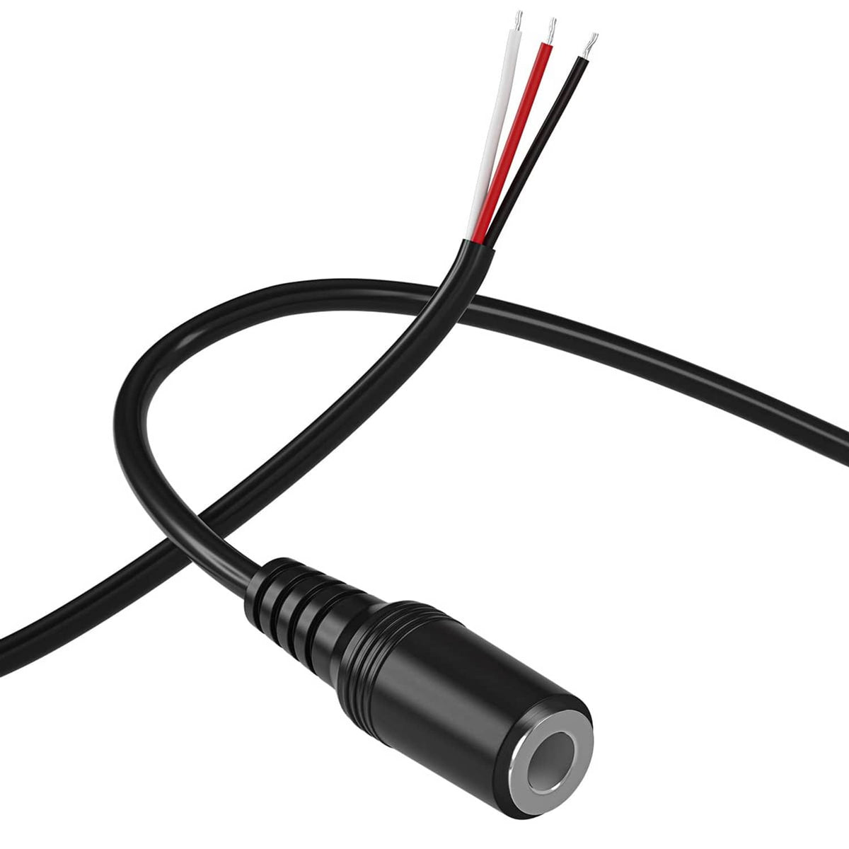 3.5mm TRS connector cable, black cylindrical jack with three stripped wire ends