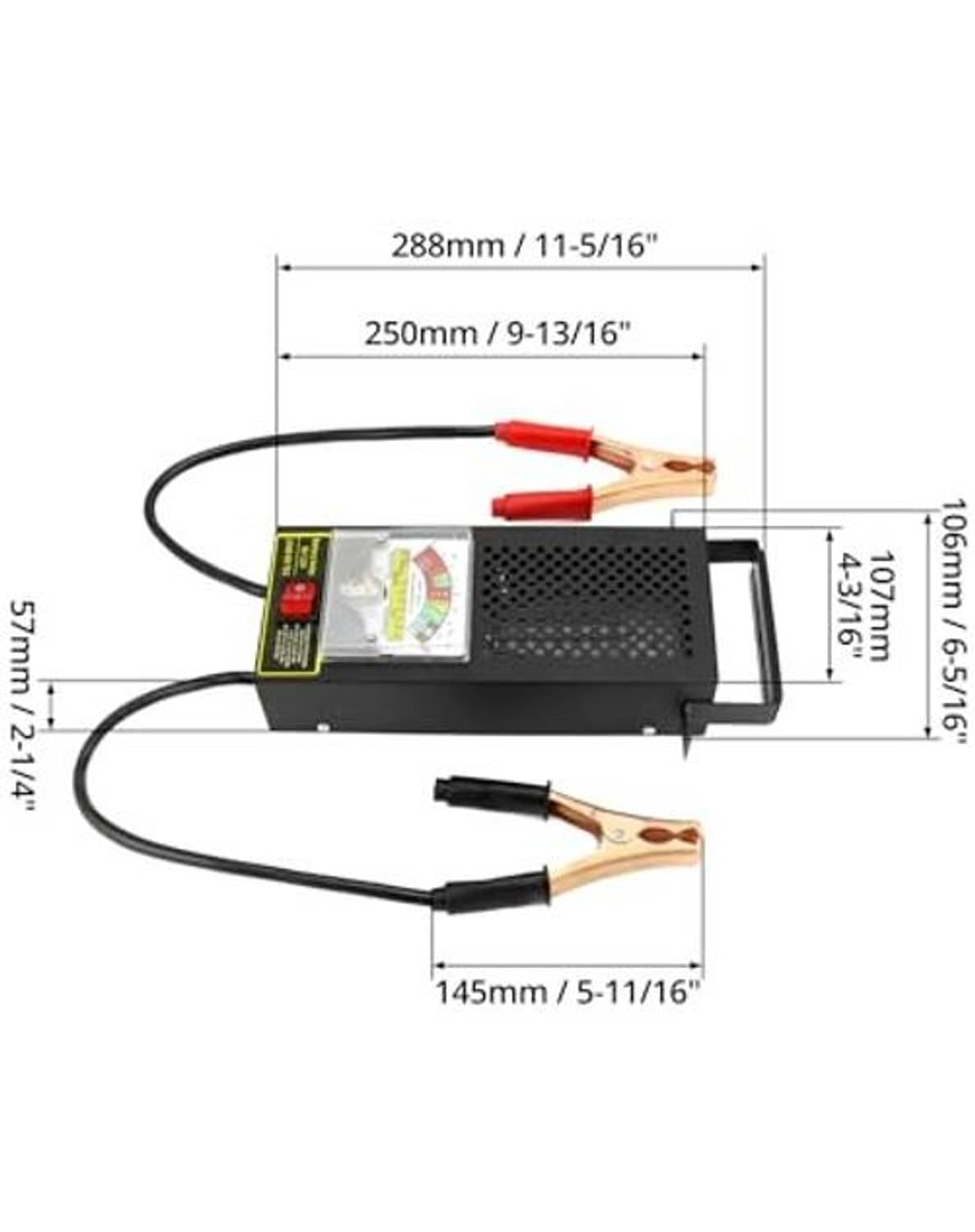 Battery load tester with size dimensions diagram and dual clamp lead connectors