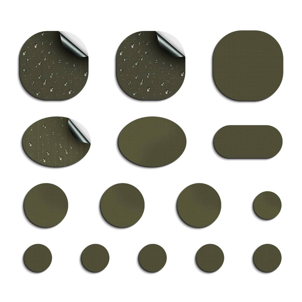 Army green pre-cut down jacket repair patches, mixed round and oval shapes
