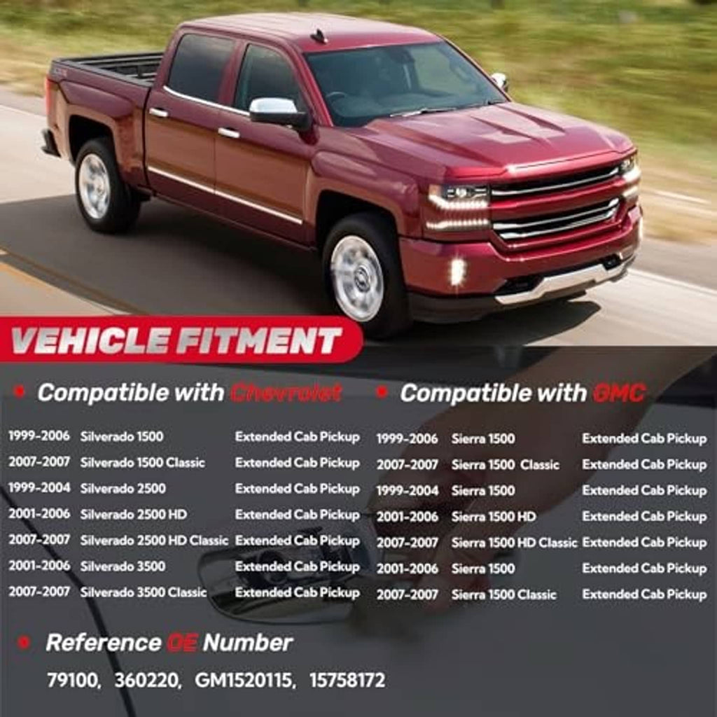 Red extended cab pickup showing rear left exterior door handle
