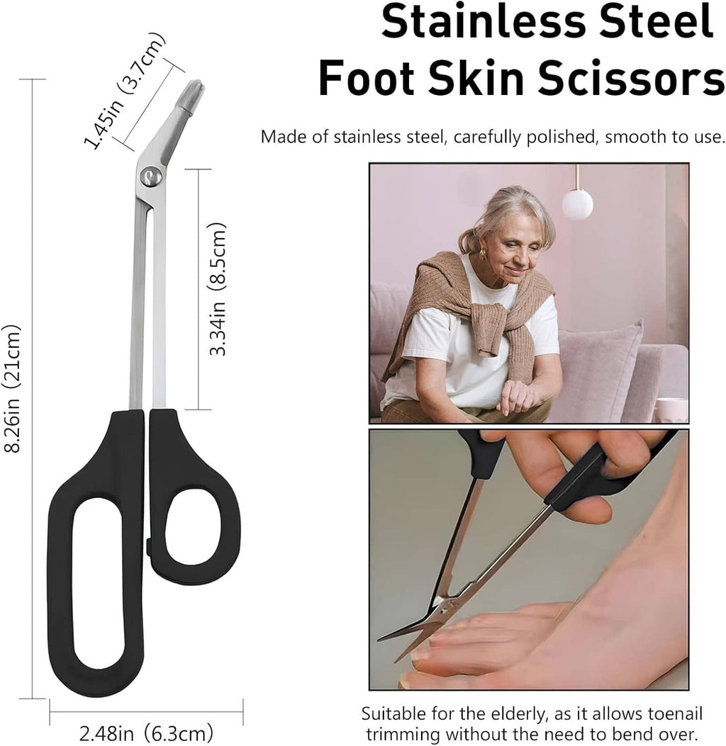 Stainless steel foot skin scissors with pointed blades and black loop handle