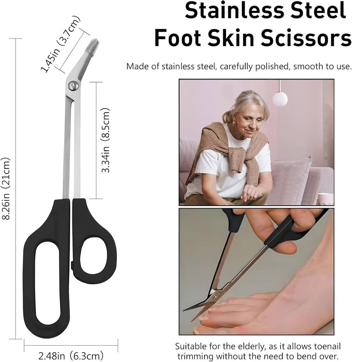 Stainless steel foot skin scissors with pointed blades and black loop handle