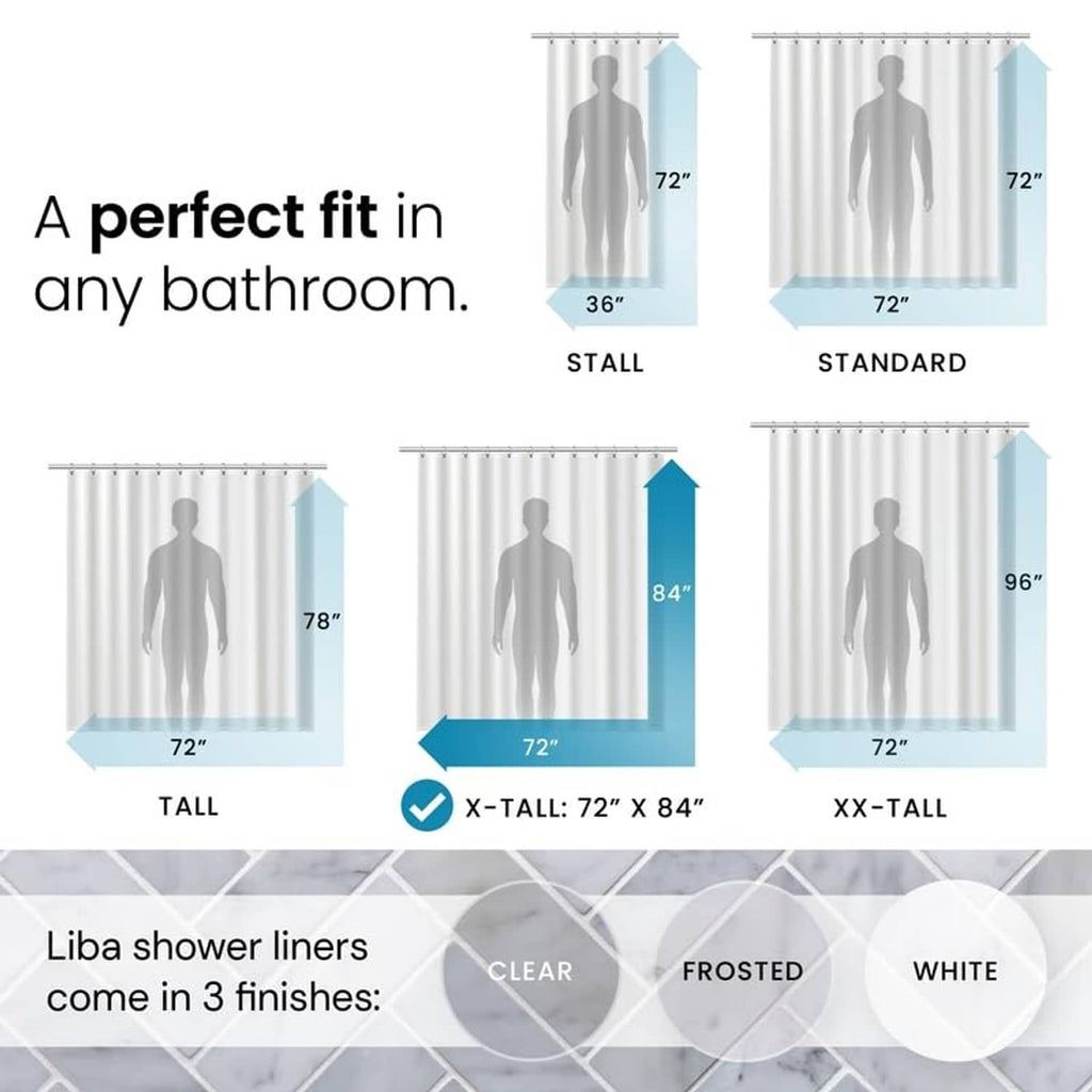 Clear PEVA shower liner with hanging top tabs for different bathroom heights.