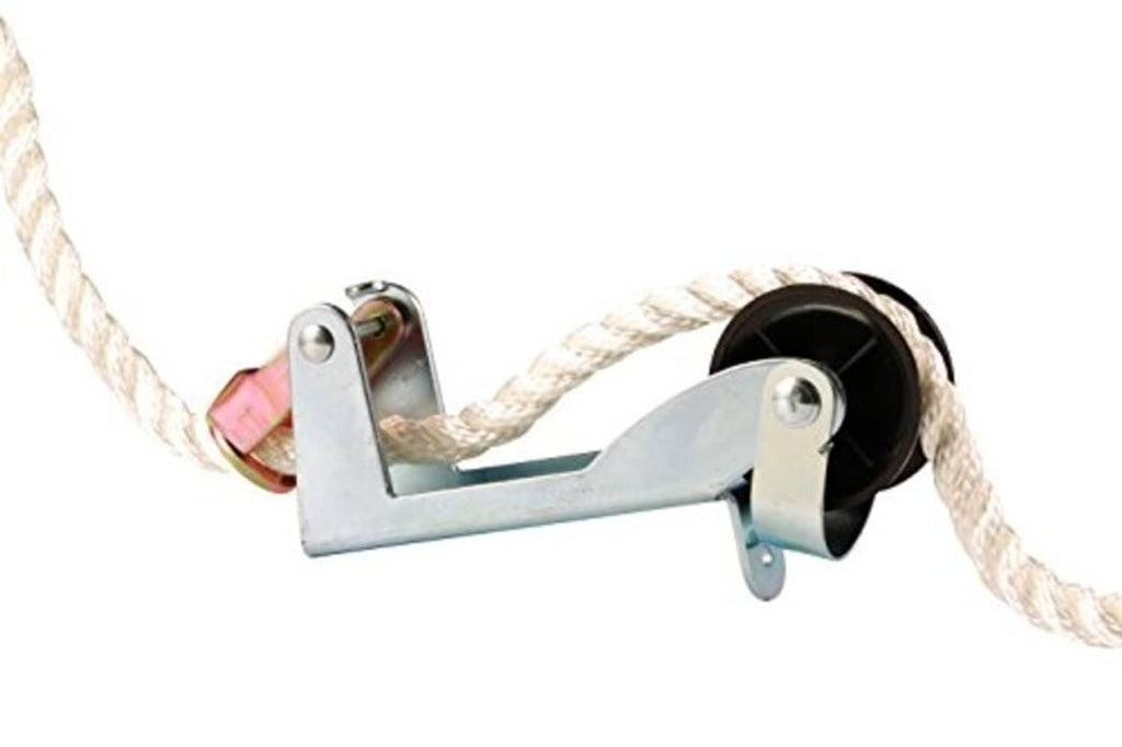 Anchor line lift-and-lock control with zinc bracket, rope, and black pulley wheel