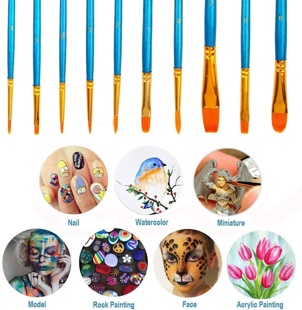 Assorted blue-handled paint brushes with gold tips for acrylic, watercolor, and more