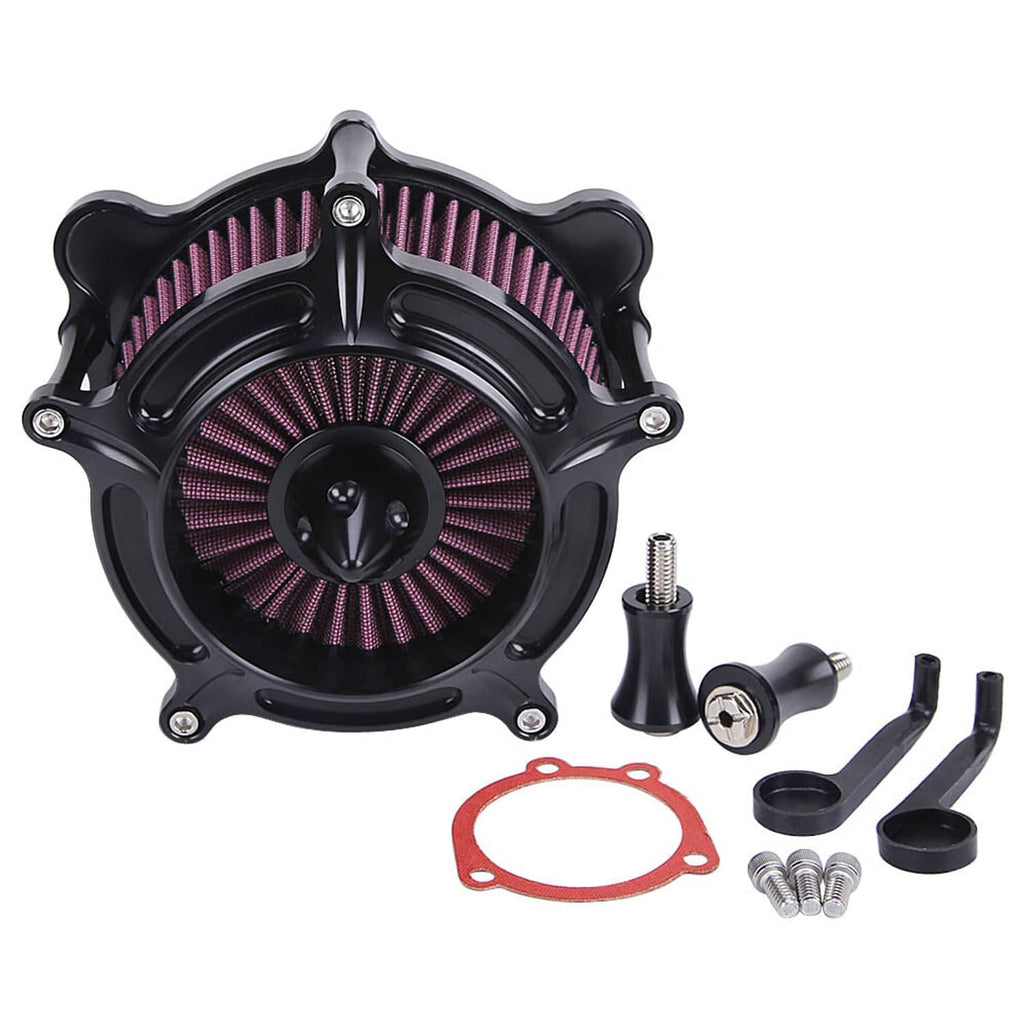Air cleaner intake filter kit with two purple-red pleated filters and mounting pieces