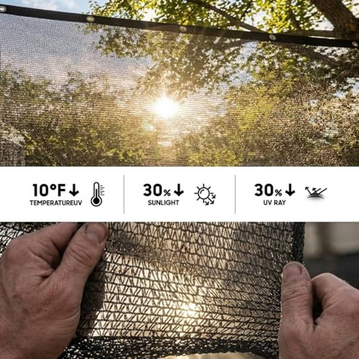 Black mesh shade cloth panel held up, showing UV-filtering woven grid