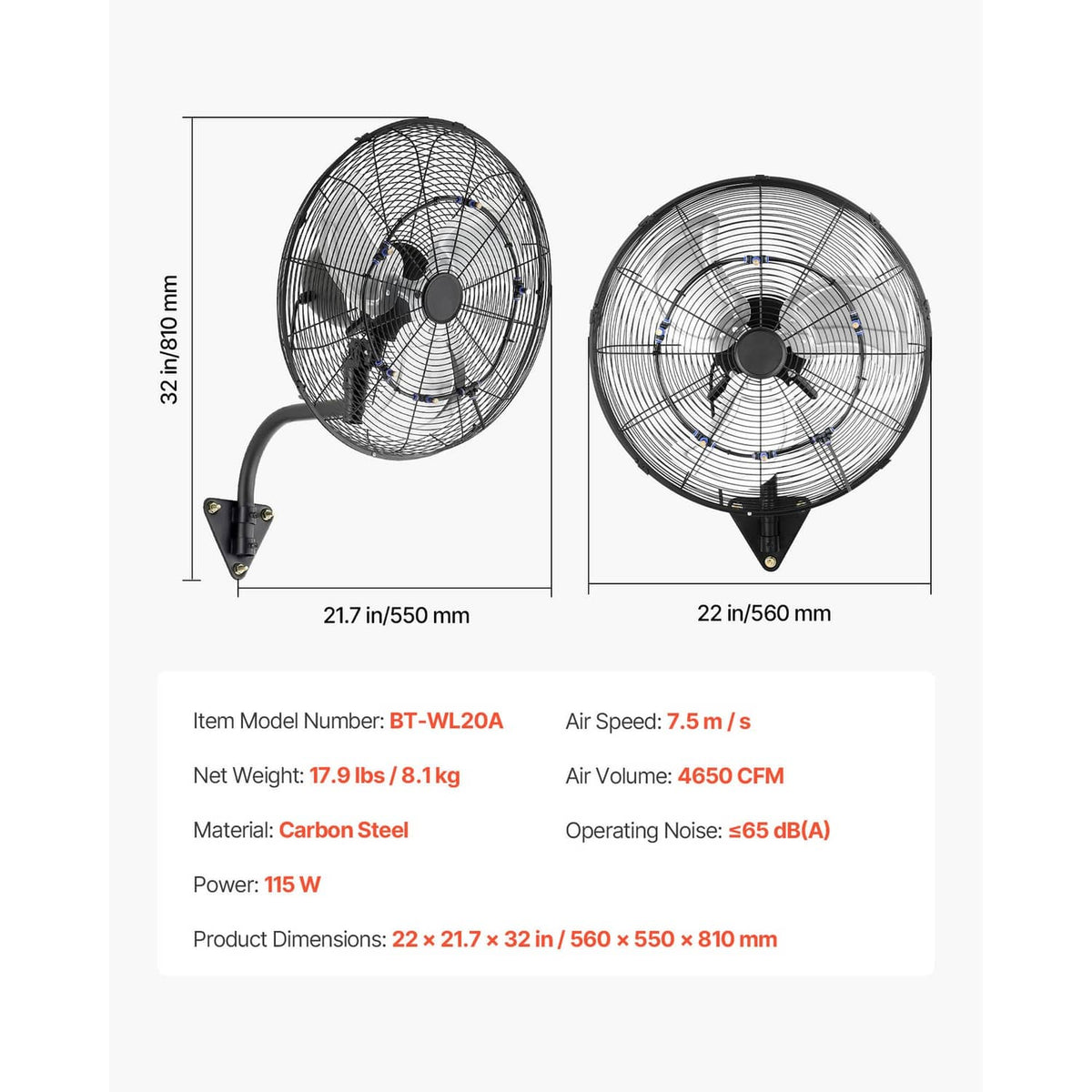 Wall fan size chart view: 20-inch fan with black grille, carbon steel style frame