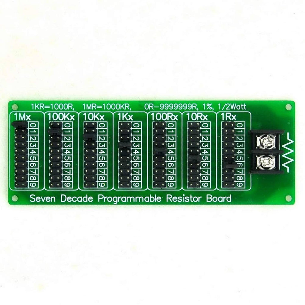 Green seven-decade programmable resistor board with terminal block and printed resistor values