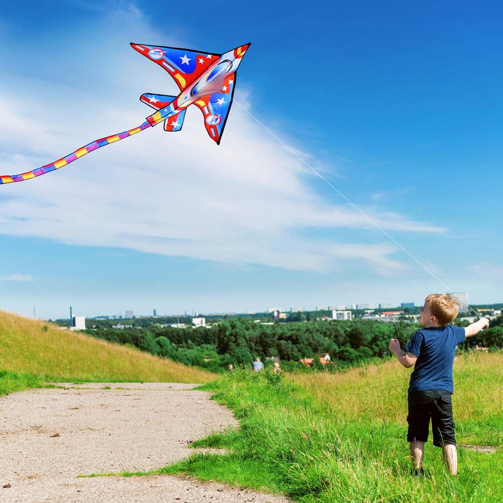 Airplane kite soaring over a grassy field, red and blue star pattern and tail