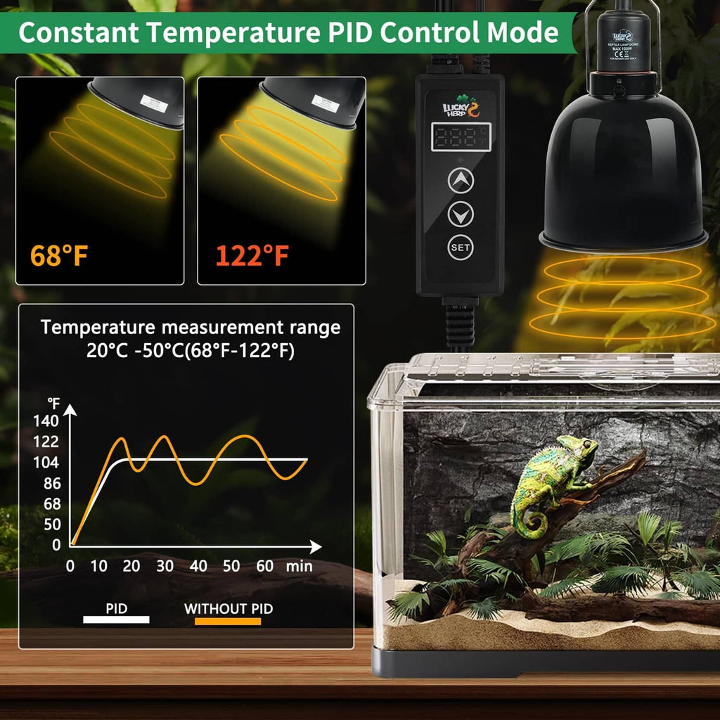 Reptile PID temperature controller with LCD display attached to a heat lamp