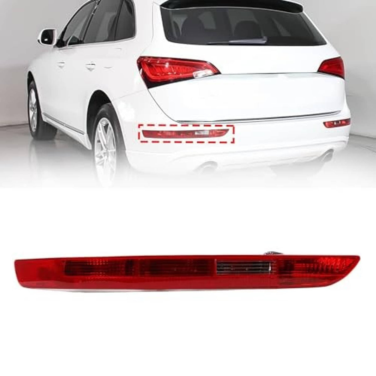 Left rear bumper tail light bar with red lens, rear view on a white vehicle