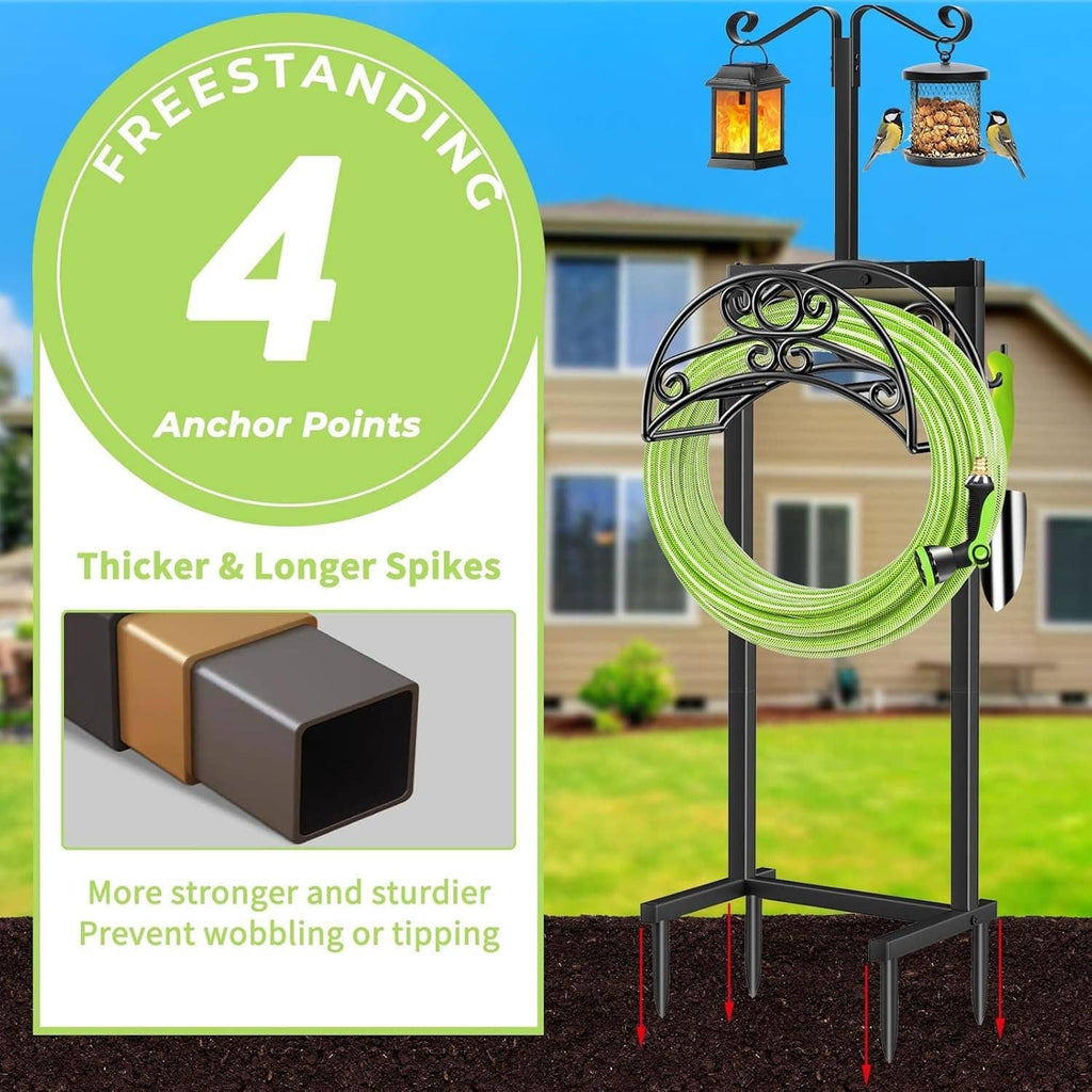 Black hose holder stand with green coiled hose, anchor spikes and lantern hooks