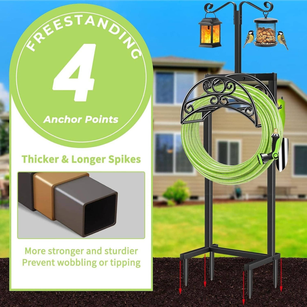 Black hose holder stand with green coiled hose, anchor spikes and lantern hooks