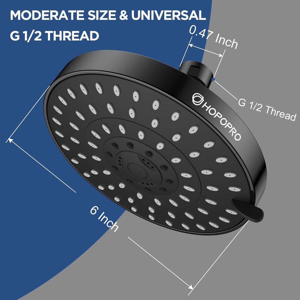 Matte black fixed shower head with round face full of spray holes and threaded inlet