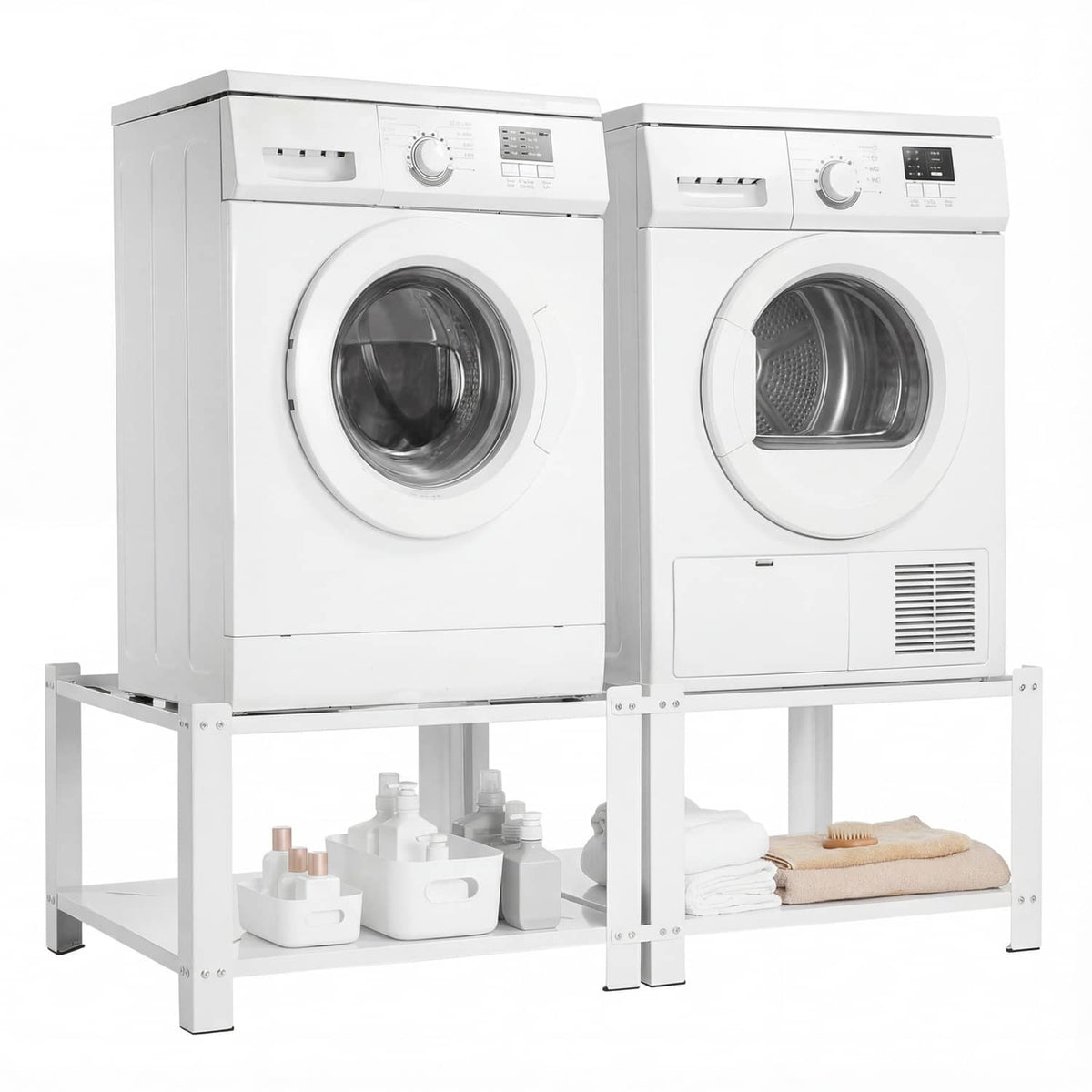 White laundry washer pedestal base with storage shelves and metal legs, 16.1 in height